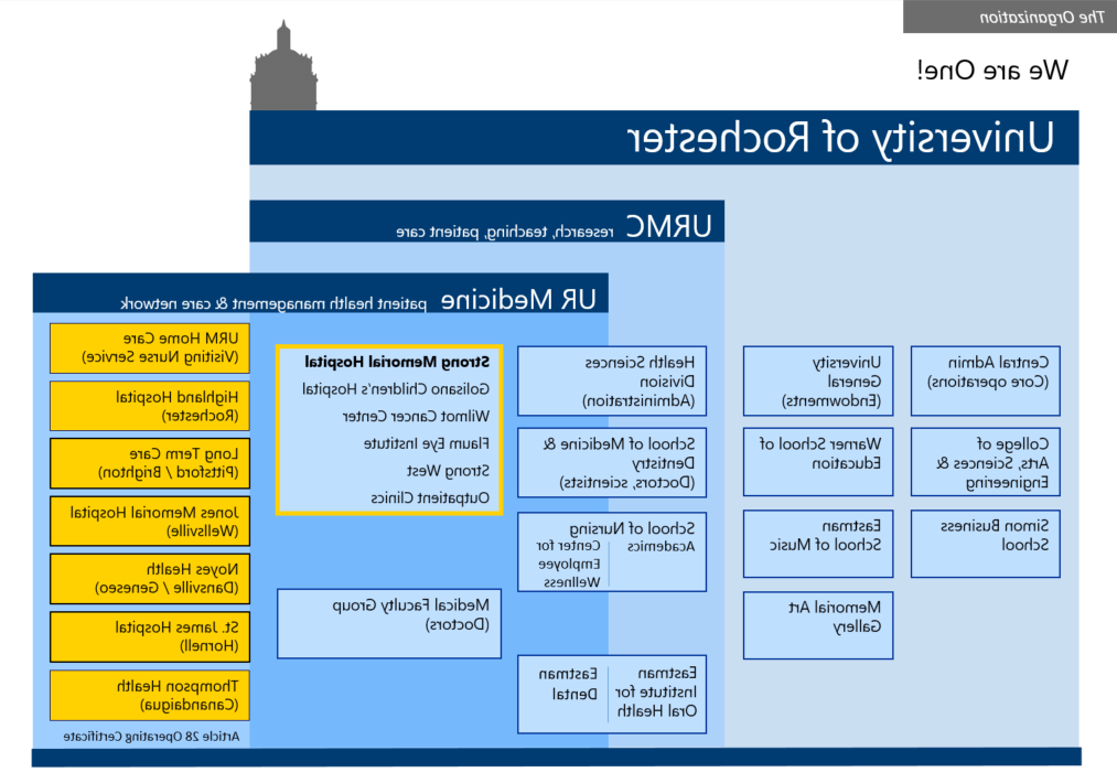 这张图表显示了罗彻斯特大学作为一个组织的等级制度. 泌尿外科医学是泌尿外科医学的一个子集. URMC是十大赌博正规老平台的一个子集. URMC包括医学院. 罗彻斯特大学包括中央管理, 其余的学术单位, 和MAG.